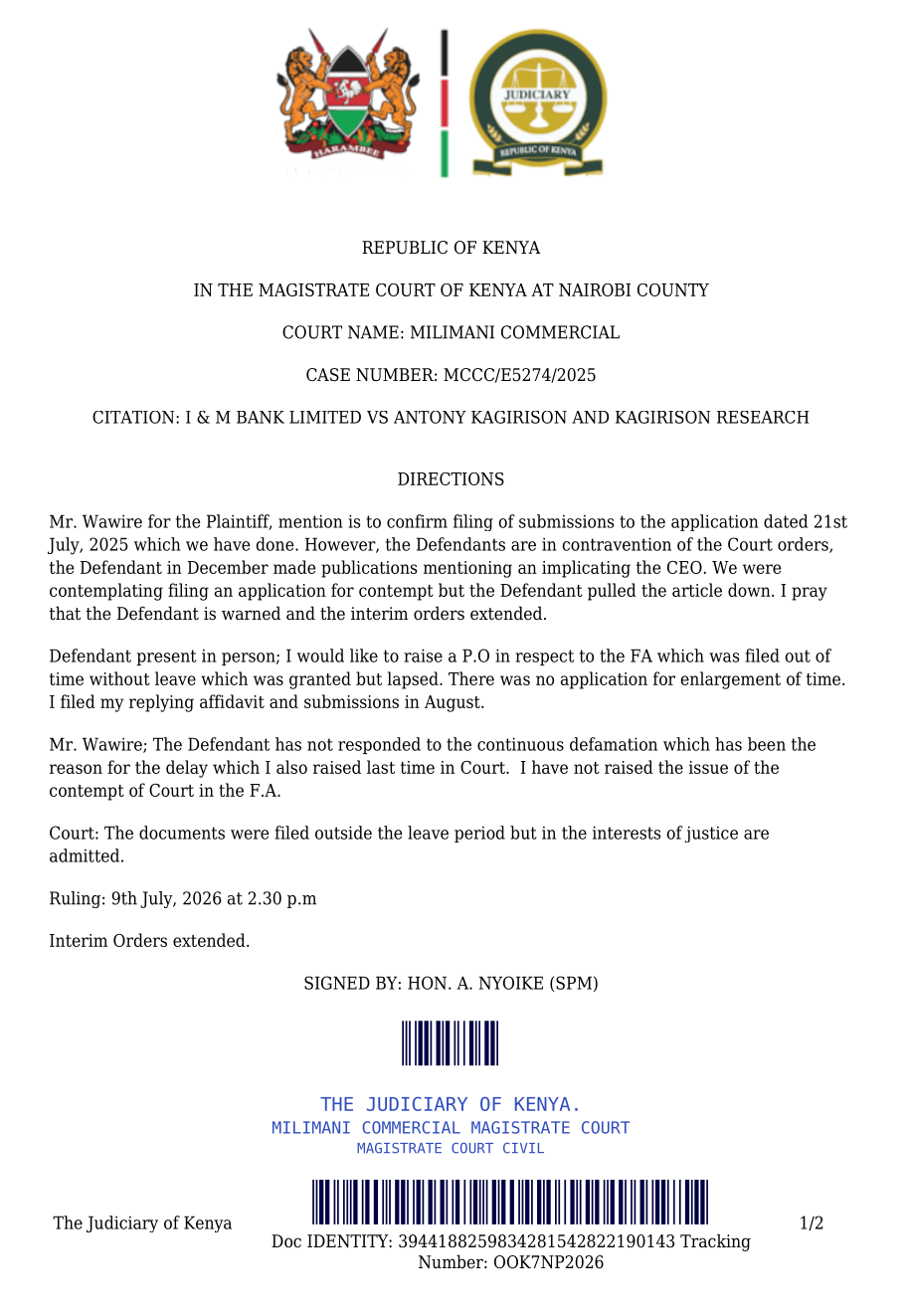 Kagirison Research | Interim Court Order