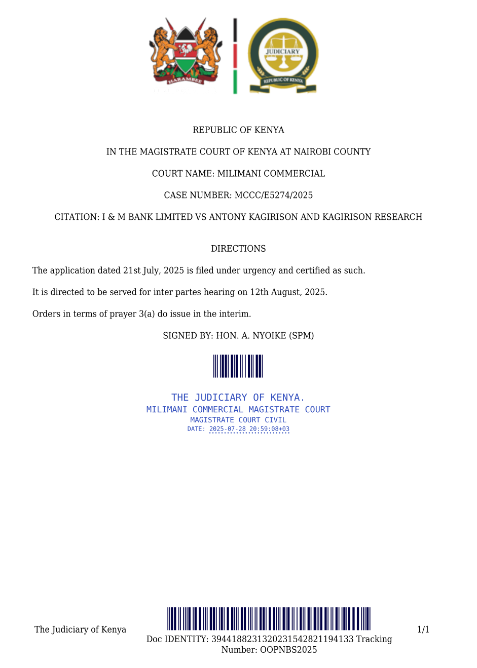Kagirison Research | Interim Court Order